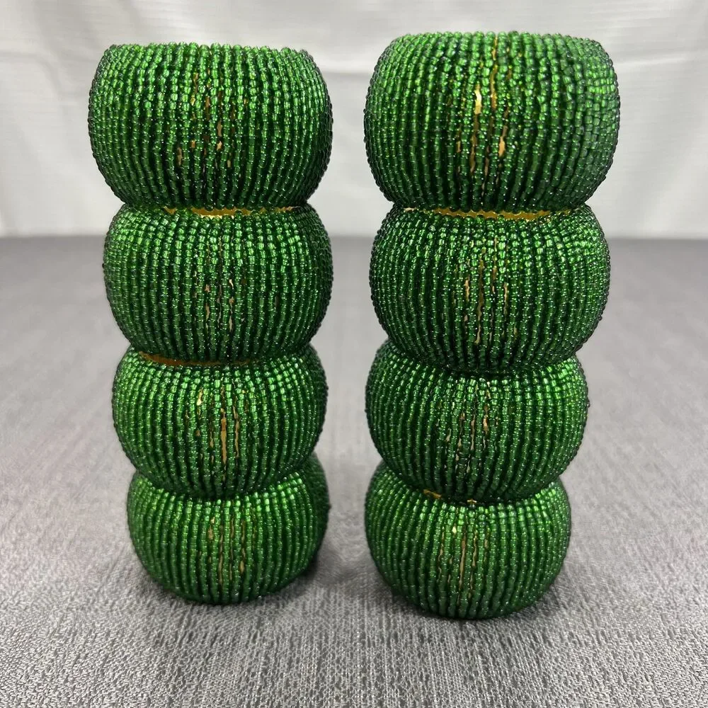 Tahari Home Glass Beaded Kelly Green Gold Napkin Rings Set Eight